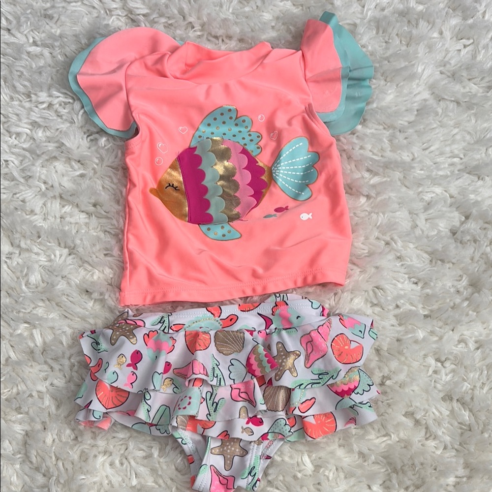 Macy's Pink and Green Rashguard Swim Set